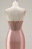 Sweetheart Blush Satin Ruched Sheer Corset Beaded Short Prom Dress with Slit