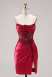 Strapless Satin Burgundy Ruched Sheer Corset Beaded Short Prom Dress with Slit