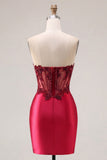 Strapless Satin Burgundy Ruched Sheer Corset Beaded Short Prom Dress with Slit