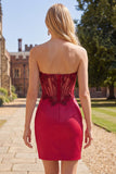 Strapless Satin Burgundy Ruched Sheer Corset Beaded Short Prom Dress with Slit