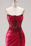 Strapless Satin Burgundy Ruched Sheer Corset Beaded Short Prom Dress with Slit