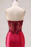 Strapless Satin Burgundy Ruched Sheer Corset Beaded Short Prom Dress with Slit