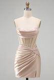Champagne Sweetheart Satin Ruched Beaded Corset Short Prom Dress with Slit
