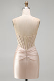 Champagne Sweetheart Satin Ruched Beaded Corset Short Prom Dress with Slit