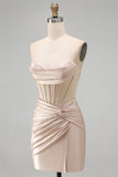 Champagne Sweetheart Satin Ruched Beaded Corset Short Prom Dress with Slit