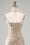 Champagne Sweetheart Satin Ruched Beaded Corset Short Prom Dress with Slit