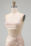 Champagne Sweetheart Satin Ruched Beaded Corset Short Prom Dress with Slit