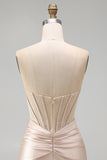 Champagne Sweetheart Satin Ruched Beaded Corset Short Prom Dress with Slit