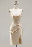 Champagne Sweetheart Satin Ruched Beaded Corset Short Prom Dress with Slit