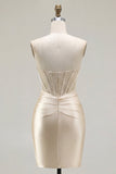 Champagne Sweetheart Satin Ruched Beaded Corset Short Prom Dress with Slit