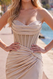 Champagne Sweetheart Satin Ruched Beaded Corset Short Prom Dress with Slit