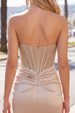 Champagne Sweetheart Satin Ruched Beaded Corset Short Prom Dress with Slit