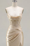 Champagne Sweetheart Satin Ruched Beaded Corset Short Prom Dress with Slit