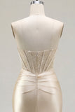 Champagne Sweetheart Satin Ruched Beaded Corset Short Prom Dress with Slit
