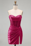 Burgundy Satin Ruched Beaded Sweetheart Sheer Corset Short Prom Dress with Slit