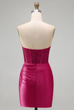Burgundy Satin Ruched Beaded Sweetheart Sheer Corset Short Prom Dress with Slit