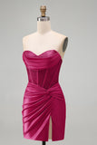 Burgundy Satin Ruched Beaded Sweetheart Sheer Corset Short Prom Dress with Slit