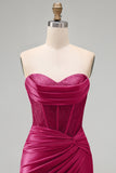 Burgundy Satin Ruched Beaded Sweetheart Sheer Corset Short Prom Dress with Slit