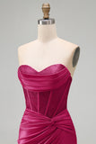 Burgundy Satin Ruched Beaded Sweetheart Sheer Corset Short Prom Dress with Slit