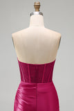 Burgundy Satin Ruched Beaded Sweetheart Sheer Corset Short Prom Dress with Slit