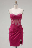 Burgundy Satin Ruched Beaded Sweetheart Sheer Corset Short Prom Dress with Slit