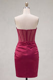 Burgundy Satin Ruched Beaded Sweetheart Sheer Corset Short Prom Dress with Slit