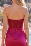 Burgundy Satin Ruched Beaded Sweetheart Sheer Corset Short Prom Dress with Slit
