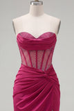Burgundy Satin Ruched Beaded Sweetheart Sheer Corset Short Prom Dress with Slit