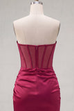 Burgundy Satin Ruched Beaded Sweetheart Sheer Corset Short Prom Dress with Slit