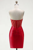 Red Satin Beaded Bodycon Sweetheart Sheer Corset Short Prom Dress