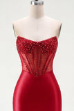 Red Satin Beaded Bodycon Sweetheart Sheer Corset Short Prom Dress