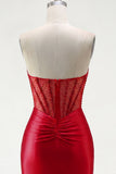 Red Satin Beaded Bodycon Sweetheart Sheer Corset Short Prom Dress