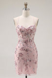 Blush Bodycon Halter Neck Sheer Corset Sequins Short Prom Dress