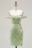 Green Off the Shoulder Bodycon Floral Sheer Corset Short Prom Dress
