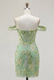 Green Off the Shoulder Bodycon Floral Sheer Corset Short Prom Dress