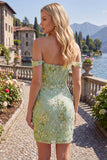 Green Off the Shoulder Bodycon Floral Sheer Corset Short Prom Dress