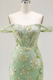 Green Off the Shoulder Bodycon Floral Sheer Corset Short Prom Dress