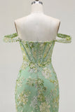 Green Off the Shoulder Bodycon Floral Sheer Corset Short Prom Dress