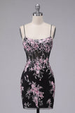 Black Pink Flower Bodycon Sheer Corset Short Prom Dress