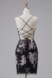 Black Pink Flower Bodycon Sheer Corset Short Prom Dress