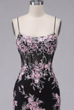 Black Pink Flower Bodycon Sheer Corset Short Prom Dress