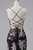 Black Pink Flower Bodycon Sheer Corset Short Prom Dress