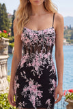 Black Pink Flower Bodycon Sheer Corset Short Prom Dress