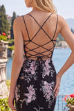 Black Pink Flower Bodycon Sheer Corset Short Prom Dress