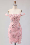 Off the Shoulder Blush Bodycon Sheer Corset Sequins Short Prom Dress