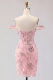 Off the Shoulder Blush Bodycon Sheer Corset Sequins Short Prom Dress