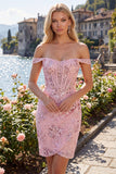 Off the Shoulder Blush Bodycon Sheer Corset Sequins Short Prom Dress