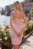 Off the Shoulder Blush Bodycon Sheer Corset Sequins Short Prom Dress