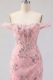Off the Shoulder Blush Bodycon Sheer Corset Sequins Short Prom Dress