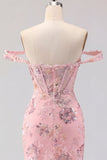 Off the Shoulder Blush Bodycon Sheer Corset Sequins Short Prom Dress